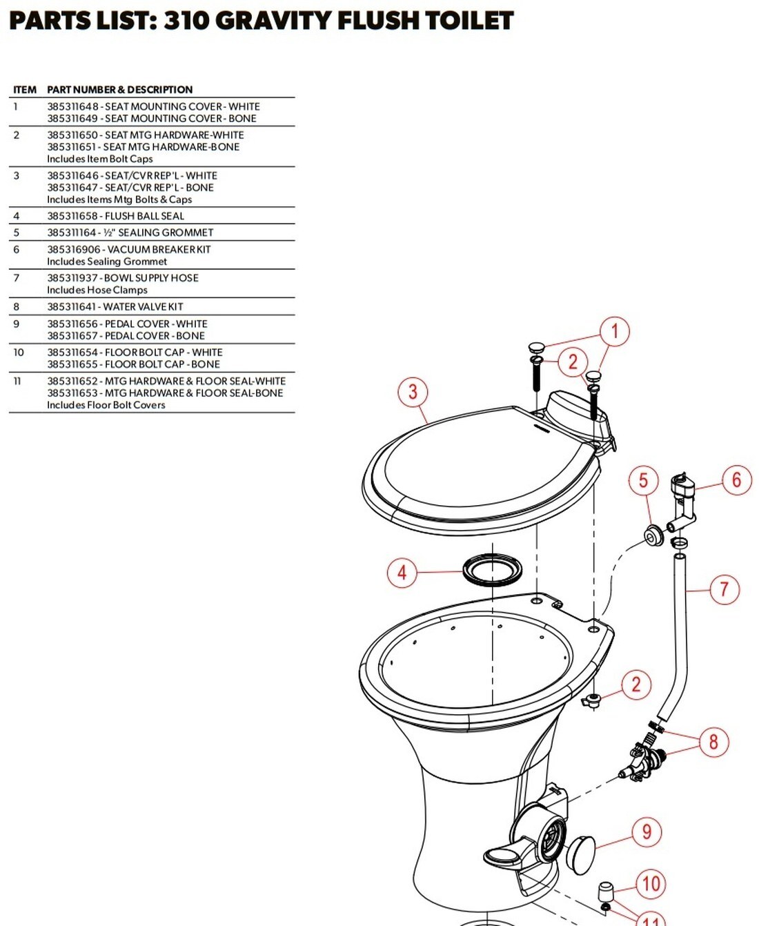 Dometic 310 Series exploded parts diagram