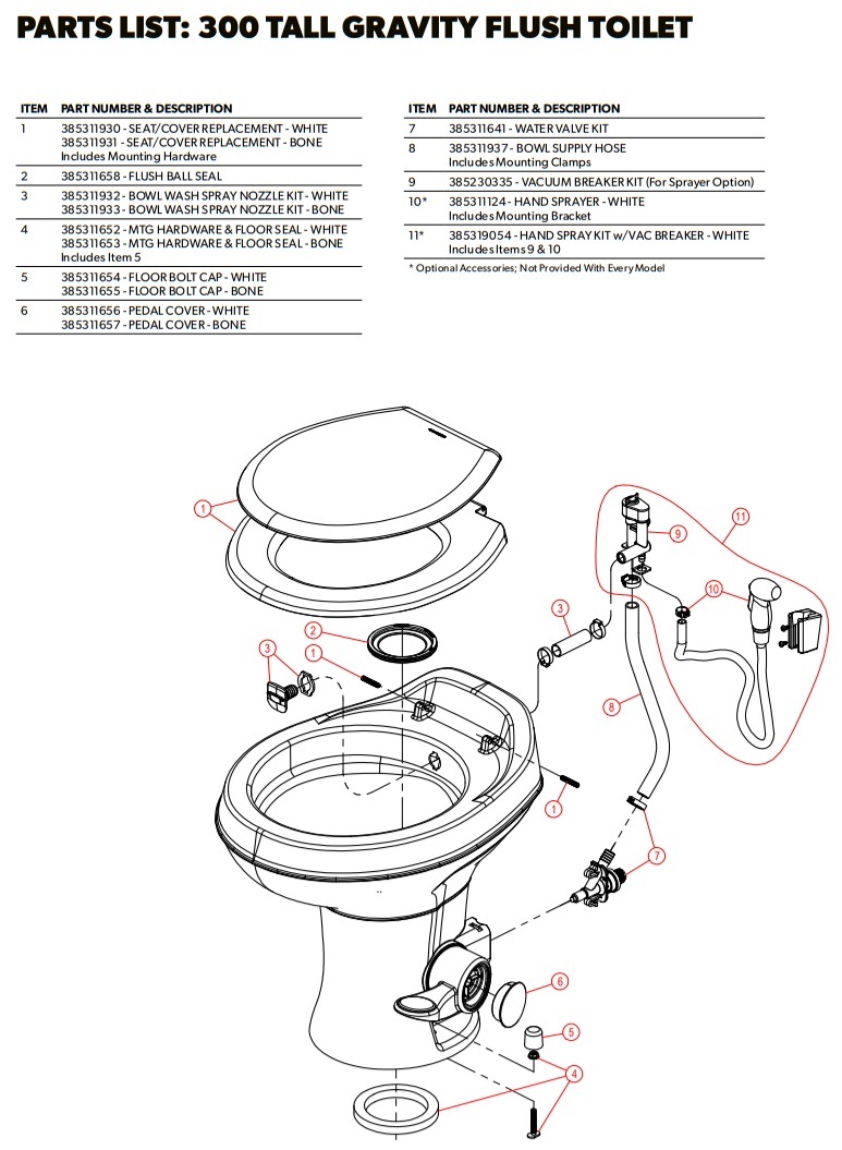 Dometic 300 Series Tall Gravity Flush Toilet exploded parts diagram
