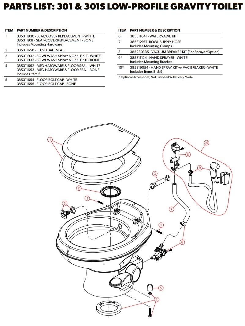 Dometic 301 and 301S Low-Profile Gravity Toilet exploded parts diagram