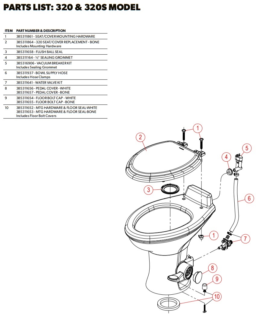Dometic 320 and 320S exploded parts diagram